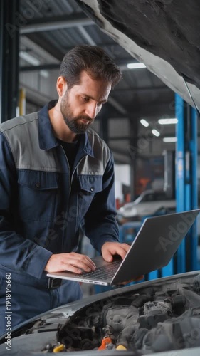 Mechanic working on car with laptop/computer under hood in garage