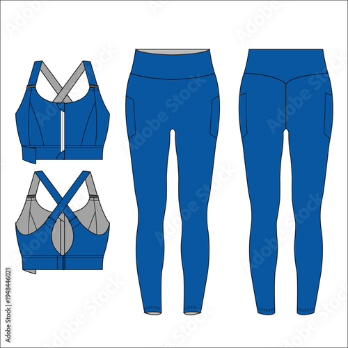 Women's Activewear Set CAD Drawing Flat Sketch Vector Illustration Fashion Technical Template Mockup Style, Leggings and Sports Bra, Front and Back View