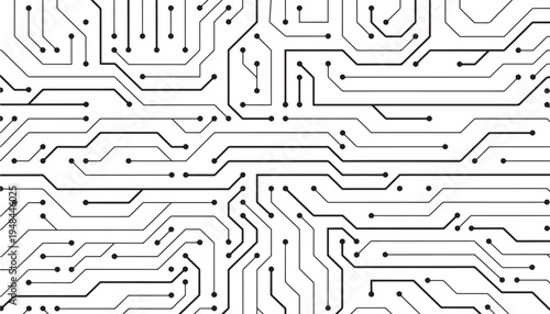 Circuit board abstract pattern with black lines and dots against a white background, representing technology and connectivity.