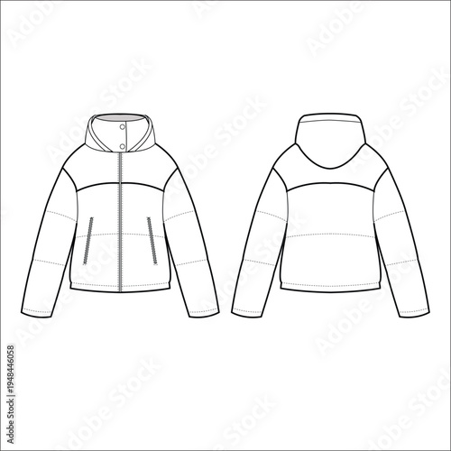 Womens Quilted Puffer jacket design flat sketch Illustration, Down puffa Padded Hooded jacket with front and back view, Soft shell winter jacket for girls and ladies for outerwear in winter.