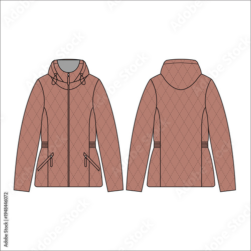 Womens Quilted Puffer jacket design flat sketch Illustration, Down puffa Padded Hooded jacket with front and back view, Soft shell winter jacket for girls and ladies for outerwear in winter.