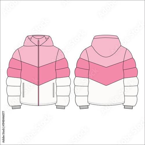 Womens Quilted Puffer jacket design flat sketch Illustration, Down puffa Padded Hooded jacket with front and back view, Soft shell winter jacket for girls and ladies for outerwear in winter.