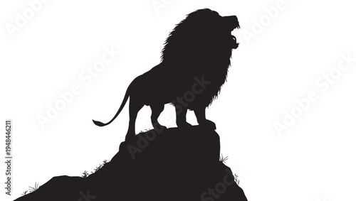 Lion silhouette roaring on a rocky outcrop with grass, symbolizing power and royalty in a stark black and white profile illustration.