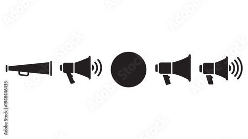 Megaphone icons with sound waves and a speech bubble symbol, representing communication and announcements in a minimalist black and white style.