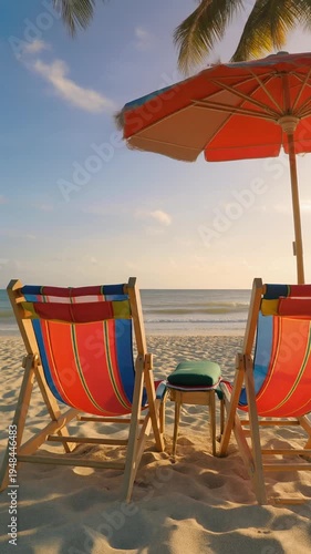 Beach chairs and umbrella by ocean.