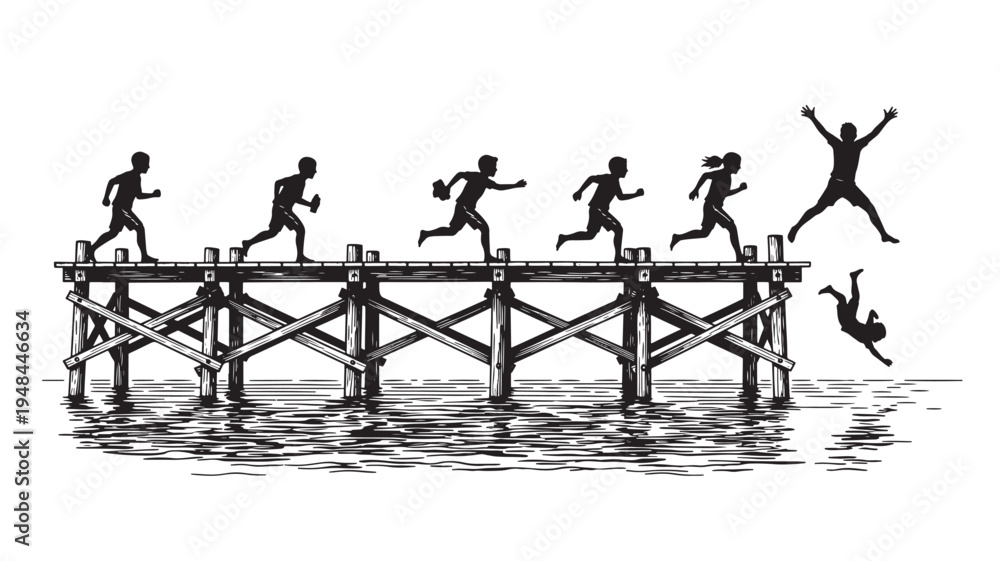 Fototapeta premium Dock with running children silhouettes and one jumping into the water below with reflections on the surface.