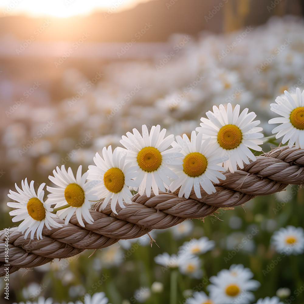 Obraz premium Row of white daisies threaded along thick rope at golden hour — rustic floral garland in wildflower field