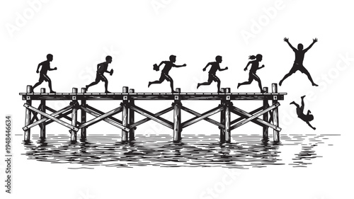 Dock with running children silhouettes and one jumping into the water below with reflections on the surface.