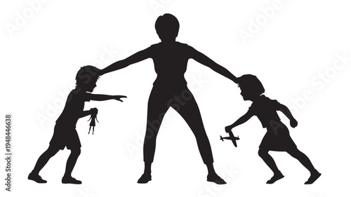 Silhouette of a parent with their two children playing with toys, one with a doll and the other with an airplane.