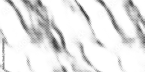 Hexagon halftone gradient texture. Abstract black grunge background. Geometric retro halftone tech overlay. Fading wavy hexagonal pattern backdrop. Vector vanishing honeycomb grunge bitmap wallpaper