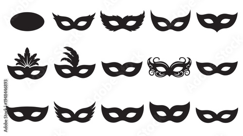 Masquerade masks collection with various ornate and simple black designs for a festive event or costume party.