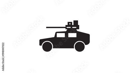 Armored vehicle with mounted weapon system in silhouette on white background, representing military transportation and defense.