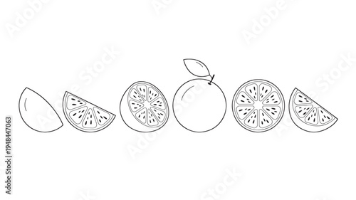 Orange fruit and slices set with a leaf, presented as a simple black and white line art illustration on a plain background.