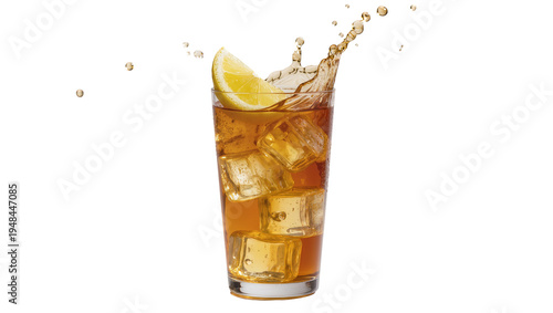 Foto Refreshing iced tea drink with a vibrant lemon slice and melting ice cubes, crea