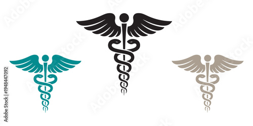 Caduceus medical symbol vector illustration set, pharmacy healthcare medicine sign, prescription medical snake staff emblem icon design