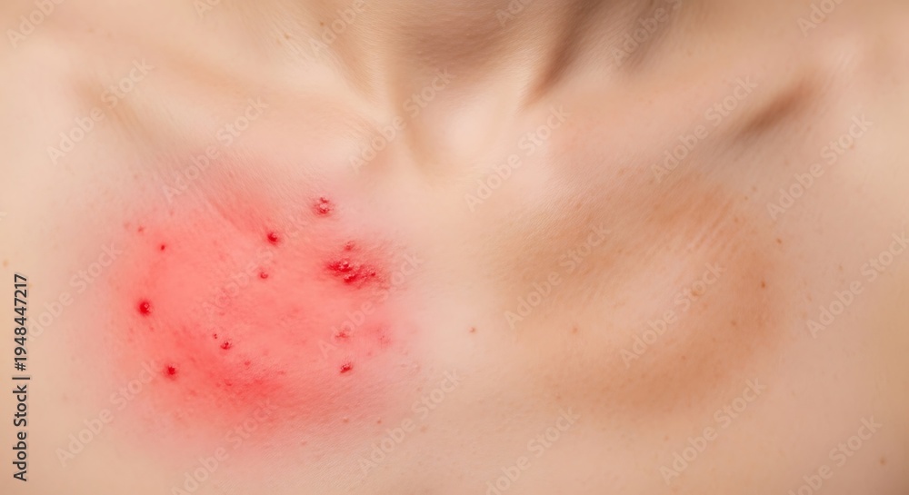 Fototapeta premium A close up view of an inflamed skin rash with red bumps located on the upper chest of a person