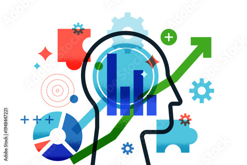 Vector illustration of human head, magnifying glass, chart, arrow graph. Design for data analysis, business strategy