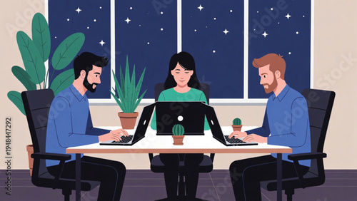 Business Collaborative team working together on laptops during nighttime Vector