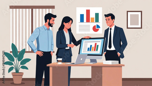 Business Three professionals collaborating over business analytics and charts in an office setting Vector