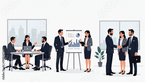 Business Professional team collaborating and presenting in a modern office setting Vector