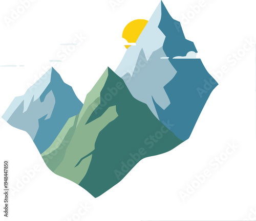 Stylized abstract illustration of majestic snow capped mountain peaks in shades of blue and green with a bright yellow sun rising behind them against a clean white background