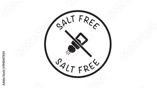 Salt shaker icon with a cross through it, inside a circle with 'SALT FREE' text, representing no salt.
