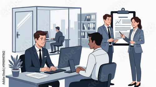 Business Professional team discussing business strategies in an office setting Vector