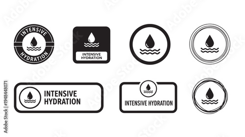 Water drop icons set representing intensive hydration in various black and white graphic styles. featuring icon, symbol, liquid with wet and moisture