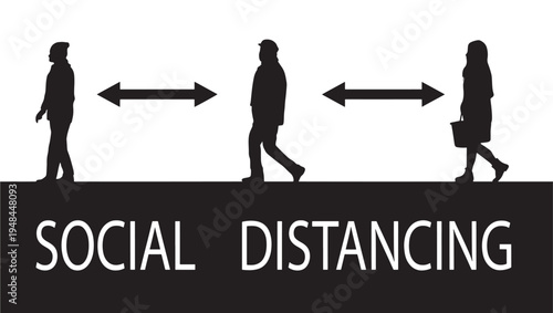 Silhouettes of people maintaining social distancing with arrows indicating space between them, against a white background.