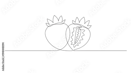 Strawberries minimalist continuous line drawing illustrating a whole and a halved fruit with seeds and leaves detailed.