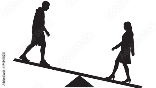 Silhouettes of a young man and woman balancing on a seesaw, representing gender inequality and societal challenges.