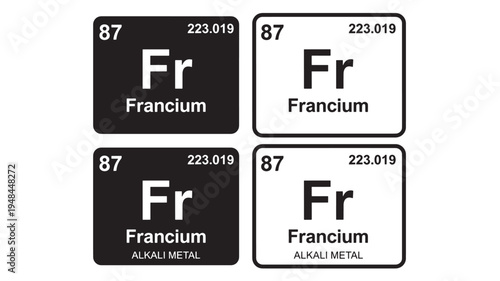 Francium element tiles with atomic number 87 and atomic mass 223.019 are presented in black and white.