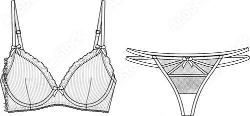 Black and white lingerie technical illustration featuring bra with scalloped lace trim, bows, underwire cups and matching panties with mesh panels, straps, and decorative