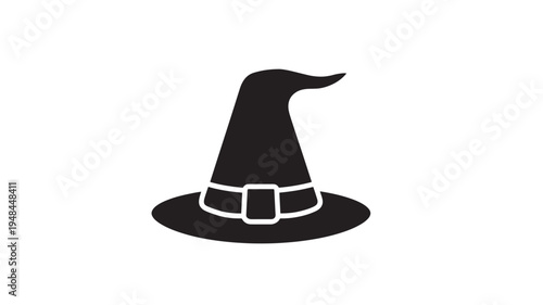 Witch hat icon with a wide brim and a belt with a square buckle, rendered in a simple black silhouette against a white background.