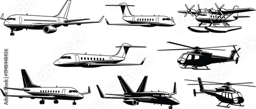 Aircraft silhouette collection, airplane outline figure, helicopter motif illustration, seaplane icon art, aviation transport design, flight vehicle graphic