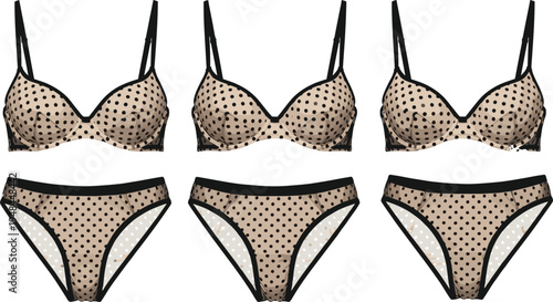 olka dot lingerie fashion illustration featuring three matching bra and panties sets with beige base, black trim, underwire support, and bikini cut desi