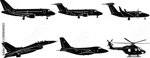 Aircraft silhouette collection, airplane outline figure, fighter jet motif illustration, military transport icon art, helicopter design graphic, aviation symbol