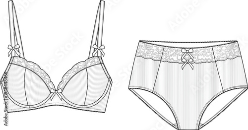 Elegant lingerie fashion technical drawing featuring detailed bra and panties design with lace trim, bows, pinstripes, and high-waisted silhouette for garment construction illus