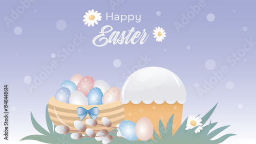 Festive Easter illustration with a basket of pastel eggs decorated with polka dots, tied with a blue ribbon and surrounded by pussy willow branches. 