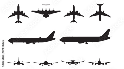Airplanes jet aircraft silhouettes in various top and side views, depicting commercial and vintage models for transportation graphics