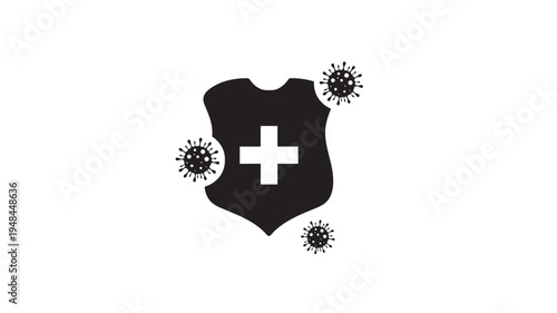 Shield with medical cross symbol protected against viruses, symbolizing healthcare and disease prevention in a black and white graphic representation.