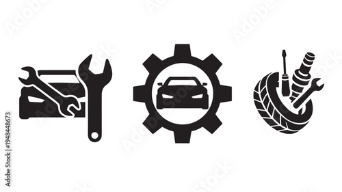 Car repair icons with wrenches, gears, tires, and tools for automotive service and maintenance featuring auto, vehicle, mechanic with garage and
