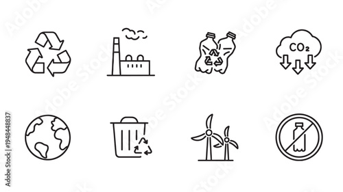 Icons representing environmental conservation including recycling, industry pollution, plastic waste, CO2 reduction, the earth, a trash can, wind