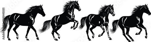 Horse silhouette collection, galloping posture outline, equine figure design, animal motion motif illustration, dynamic icon art, wildlife movement graphic