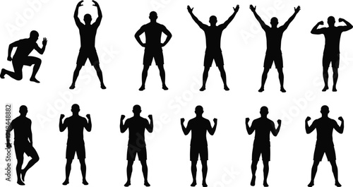 Male silhouette collection, athletic posture outline, celebratory figure design, fitness motif illustration, strength icon art, human body gesture graphic