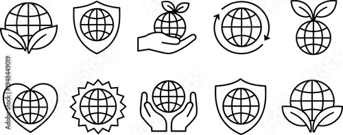 Collection of line art icons representing global care, sustainability, and environmental protection
