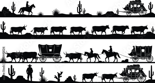 Western silhouette collection, cowboy outline figure, cattle drive motif illustration, stagecoach icon art, frontier design graphic, desert life symbol