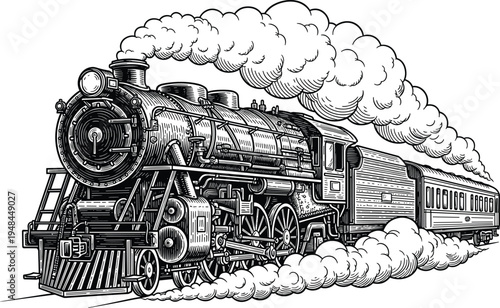 Vintage steam locomotive illustration, passenger train engraving, historic railway outline, retro transport motif, mechanical engine design, travel art
