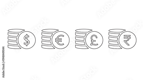 Coins with various currency symbols including dollar, euro, pound sterling, and rupee in a simple outline icon style.