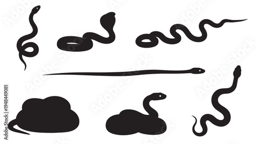 Silhouettes of seven black snakes in various poses, including coiled and slithering, set against a white background.